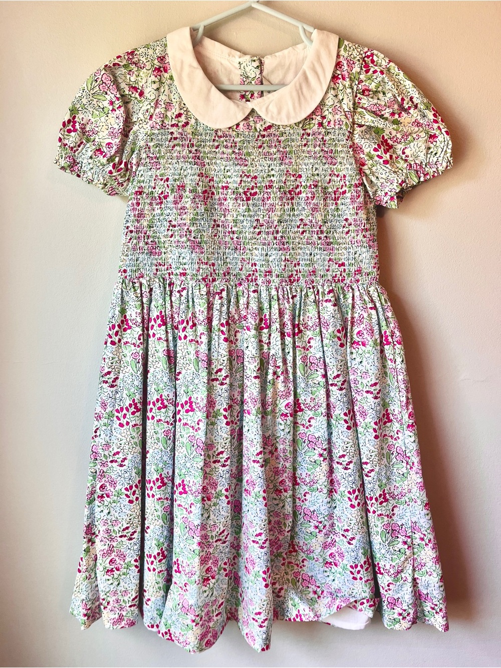 Janie and Jack Girls Floral Smocked Dress with Peter Pan Collar - Pink & Green